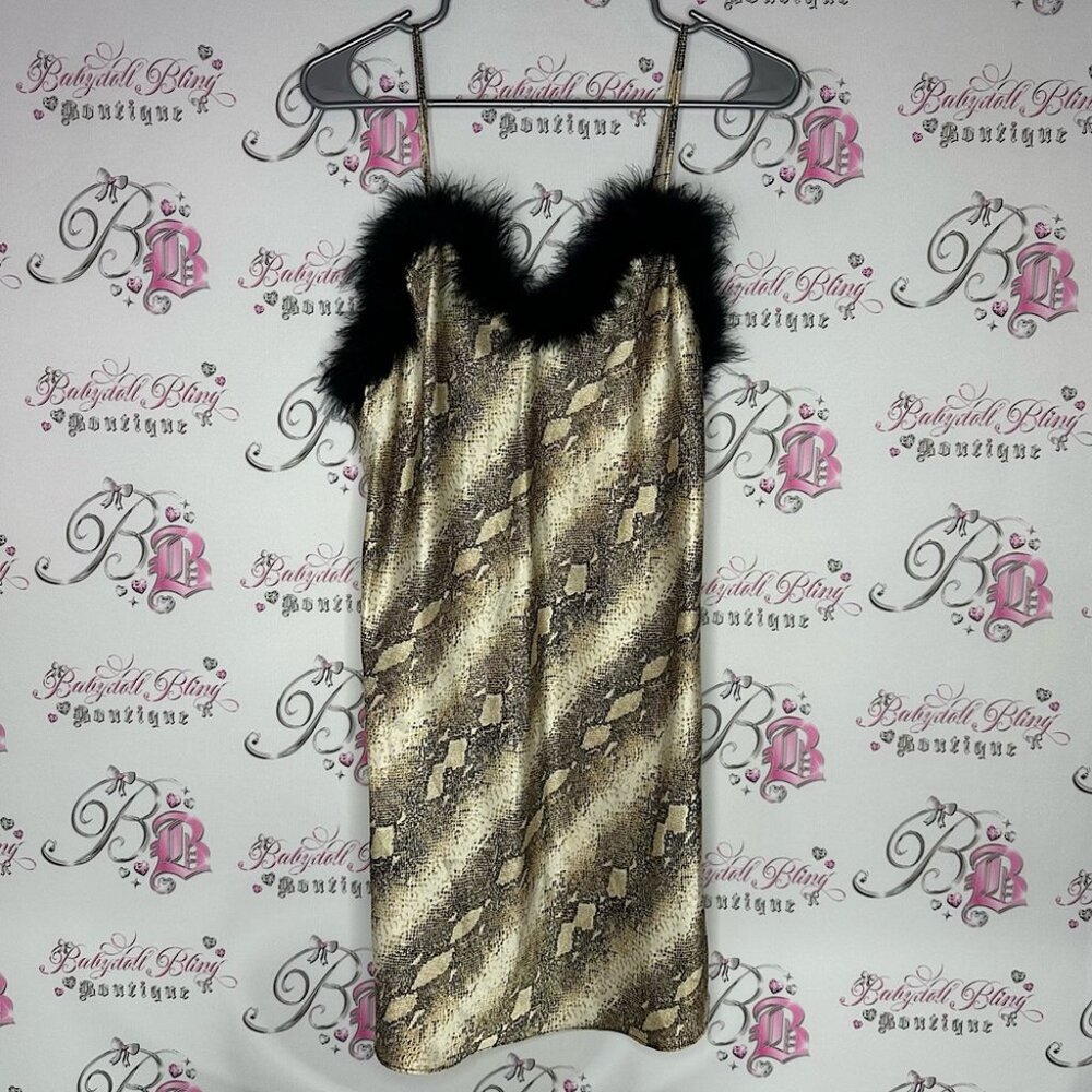 Cinema exoile fur Snake Print Dress Black Fur Trim furry feathers
